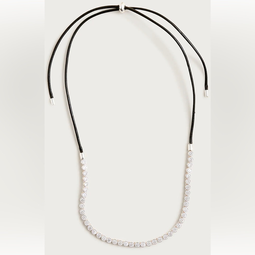 J. Crew Necklace black Leather and cubic zirconia bezel-set solver tennis neckla